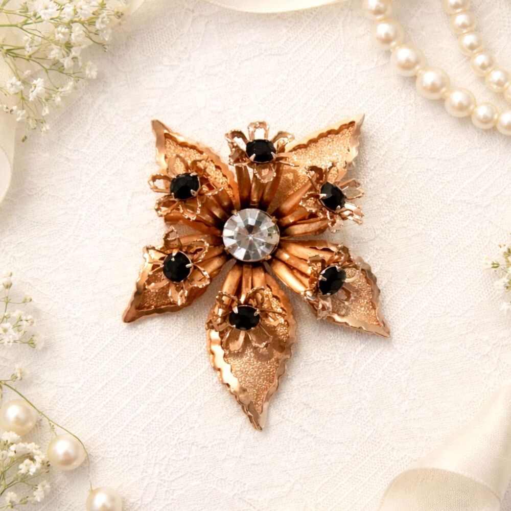 Vintage Gold Tone Rhinestone Orchid Flower Brooch